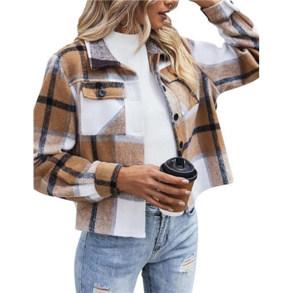 Flannels for Women Cropped Shacket Jacket Fashion Plaid Button Down Shirt